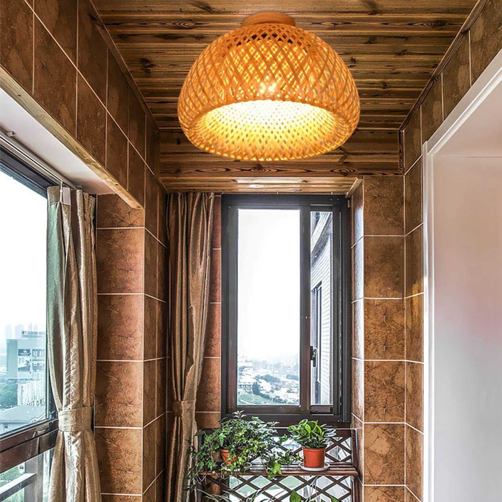 Bamboo Wicker Rattan Light Fixture Flush Mount Hanging Ceiling Lamp for Living Room Bedroom Dining Room,30X18cm