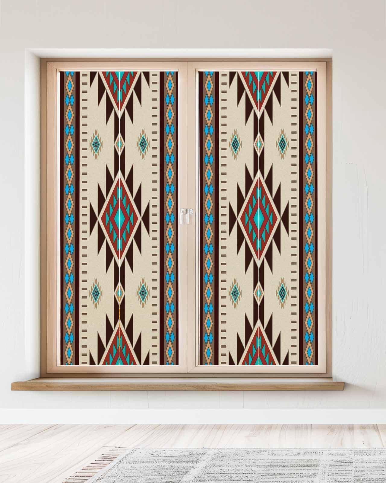 Window Privacy Film Brown Blue Stained Glass Window Film Decorative Sun Block Window Cover Green Southwest Ethnic Native American Boho Window Clings Static Adhesive Sticker for Bathroom 23.6"x59"