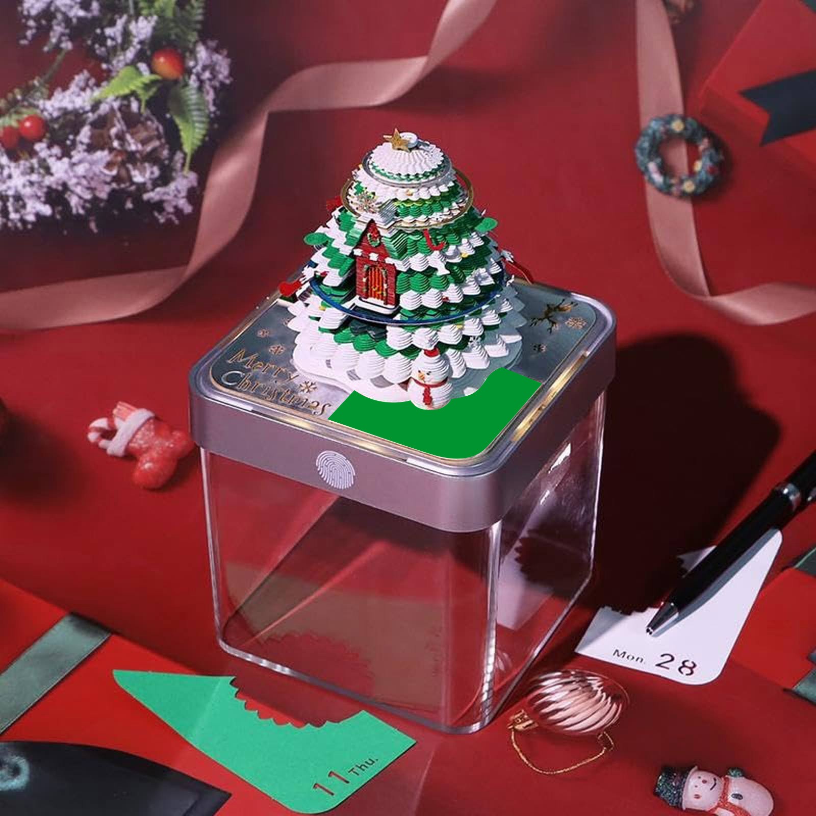 WMGHA Christmas Tree House Paper Sculpture Calendar 2026 - 3D Tear-Off Desk Calendar with LED Light, Memo Pad for Home or Office, Artistic Paper Carving Art for Holiday Display and Organization