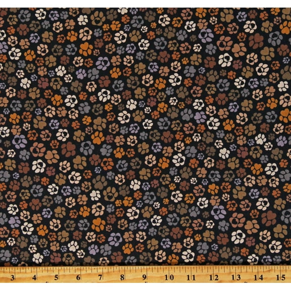 Cotton Dog Paws on Black Paw Prints Pawprints Hearts Dogs Pets Cotton Fabric Print by the Yard (DOG-CD3320-BLACK)