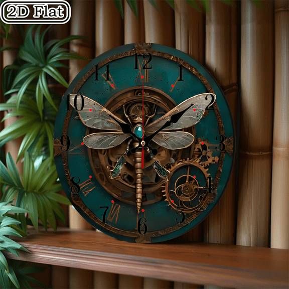 2D flat 1 piece metal dragonfly wooden wall clock for home and seasonal decoration, suitable for courtyard, shopping mall, caf é, home, best gift, friend room decoration Halloween 10 * 10 inches