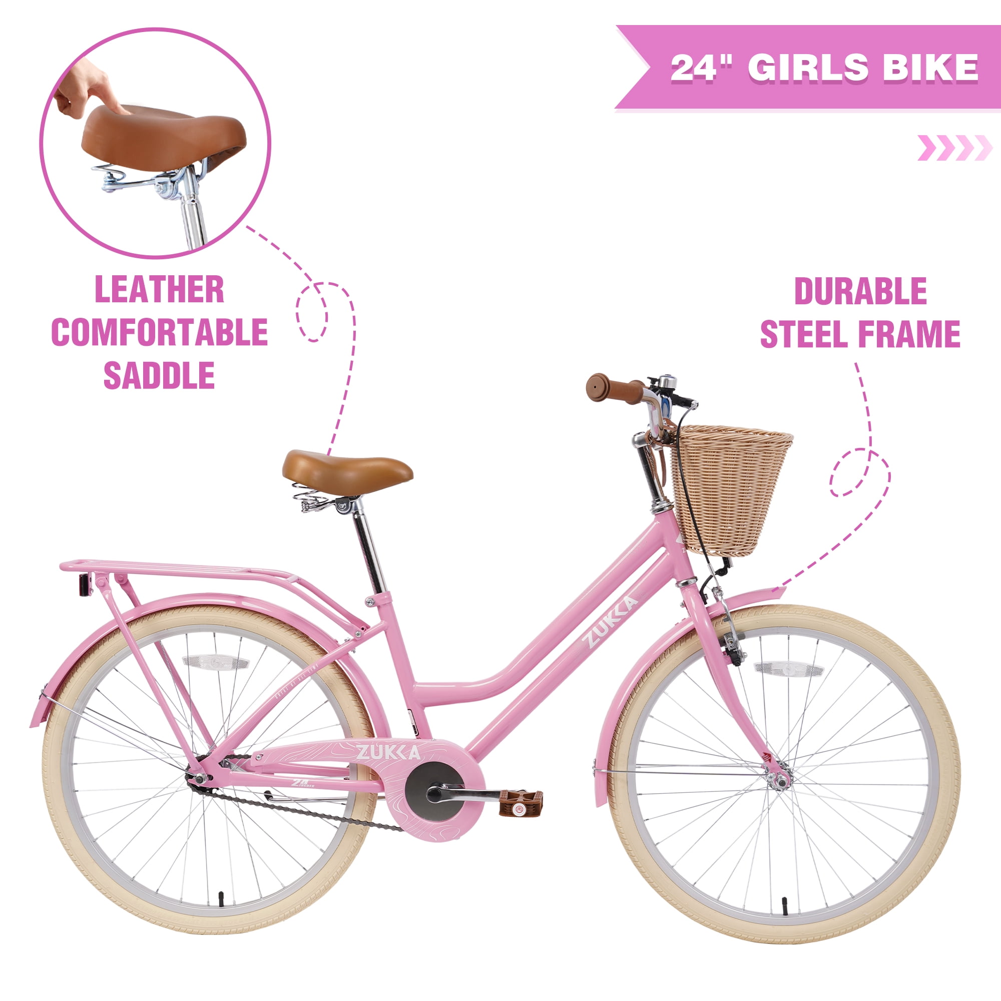 Aukfa 24" Girls Bike with Basket, Cruiser Bike Children's Bicycle for 10+ Years Old Kids, Light Pink