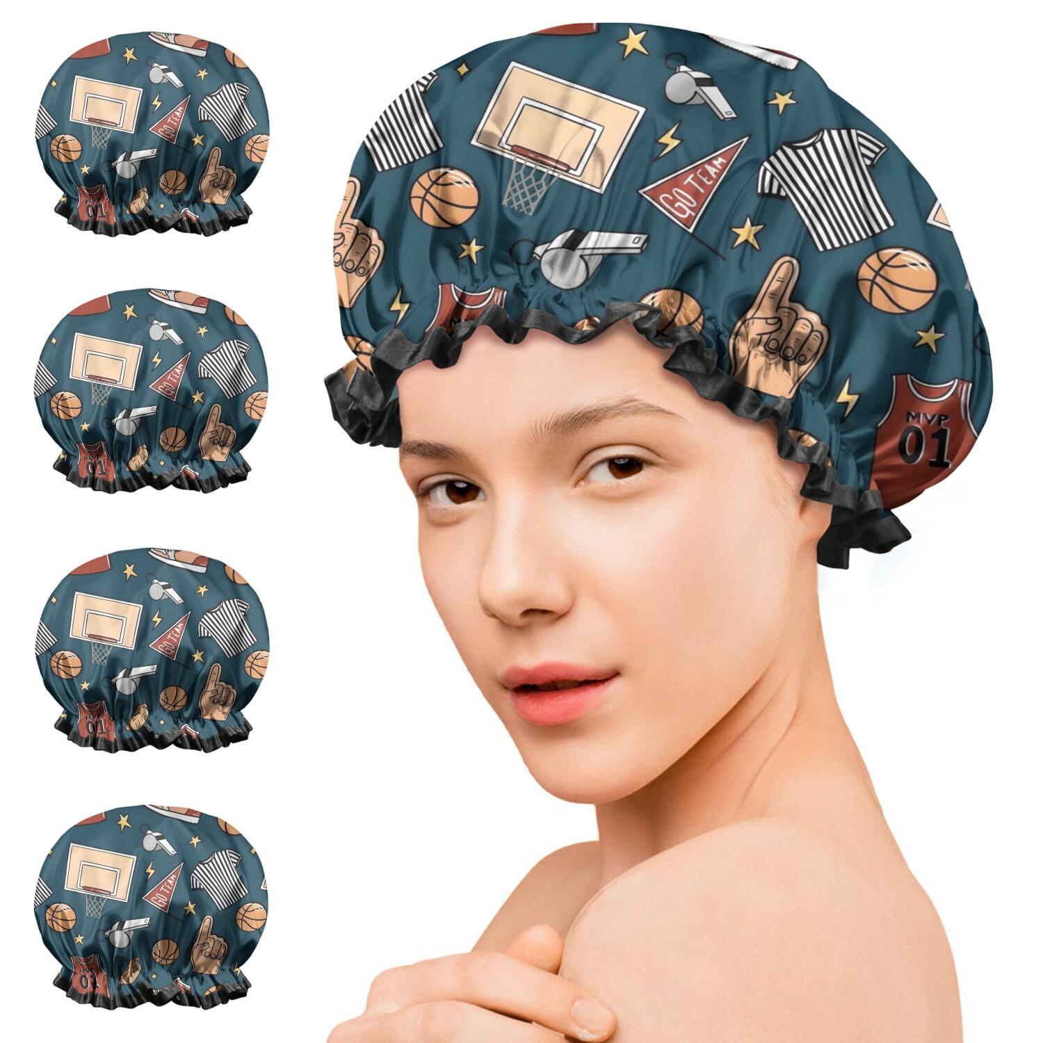 Shower Caps,Blue Basketball Related Items Pattern Waterproof Shower Cap for Women 4 Pieces,Double Reusable Hair Cover for Shower PEVA Elastic Stretch Hem
