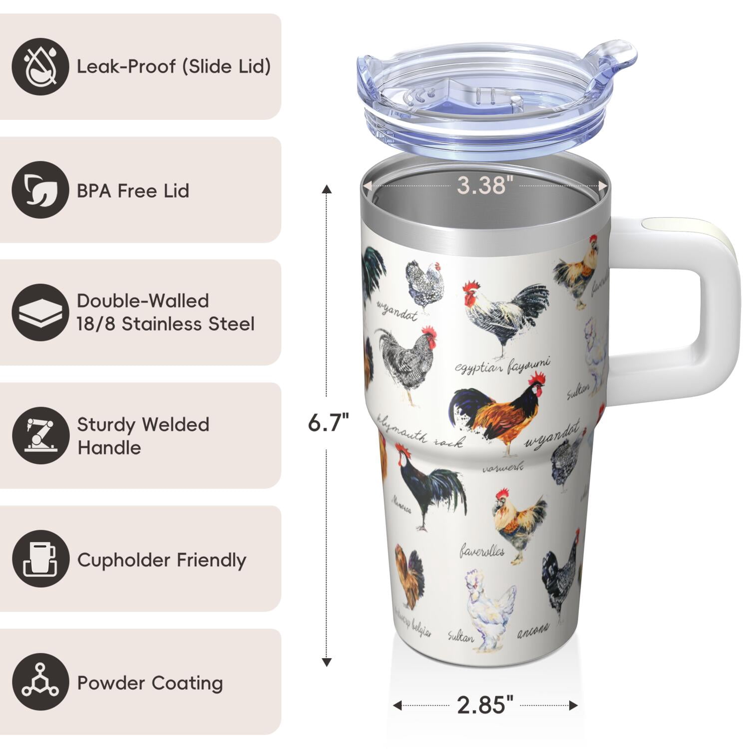 20oz Hen Chicken Tumbler with Handle Insulated Travel Mug Cool Birthday Christmas Gift for Chicken Lovers Women Men Cup Holder Friendly Wide Mouth for Ice Hot Tea Cold Water On the Go Trips