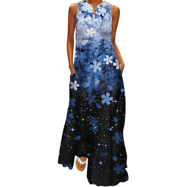 Gibobby Vestido largo para mujer, de verano Mujer Verano Casual Sin mangas Estampado con cuello en V Maxi Vestido suelto Boho Beach Vestido largo con bolsillos(Azul,XL)