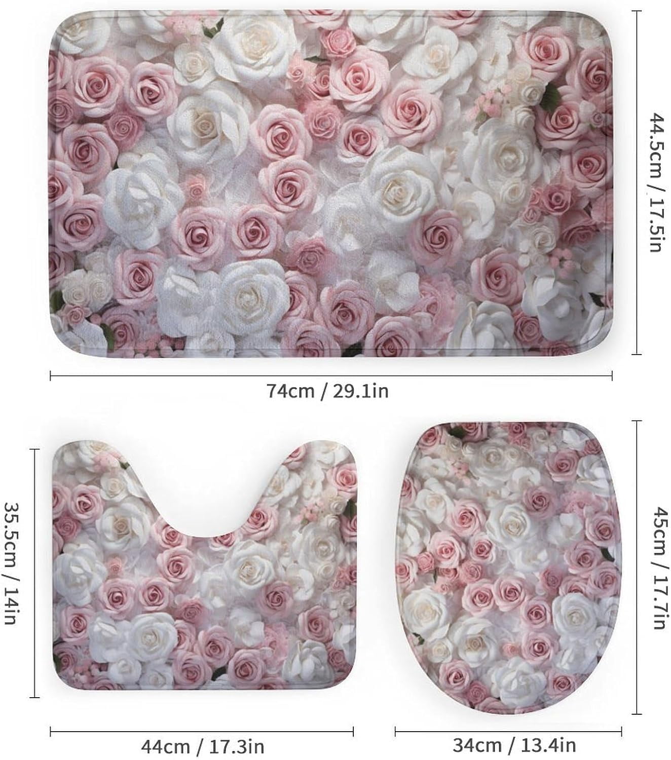 Beautiful Pink Roses Shower Curtain Sets with Rugs Toilet Lid Cover and Bath Mat Colorful Romantic Floral Shower Curtains with 12 Hooks Waterproof 4 Piece Bathroom Decor Set