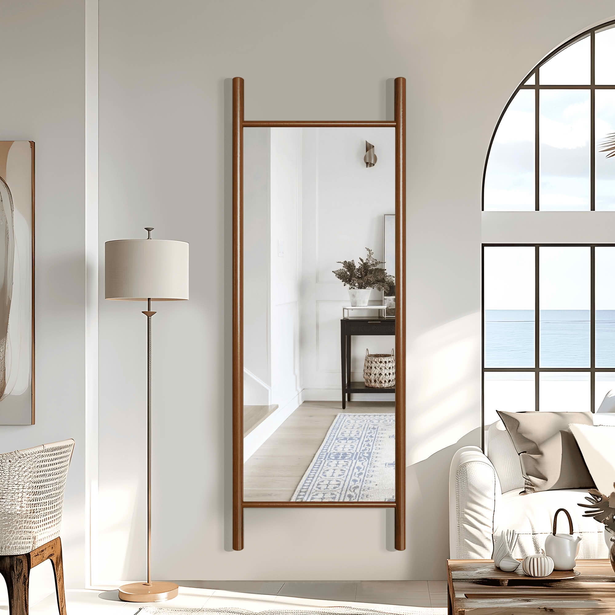 MAYEERTY 63x24x1 Inch Walnut Wood Ladder Rectangular Full Length Mirror, No Stand for Bedroom