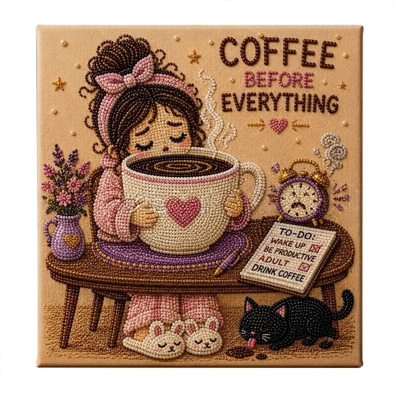 5D Diamond Painting for Adults Coffee Wall Art 12 Inch Cat Diamond Art Girl Wall Decor Full Drill Diamond Art Kit Cozy Home Decor for Bedroom 1 Pack