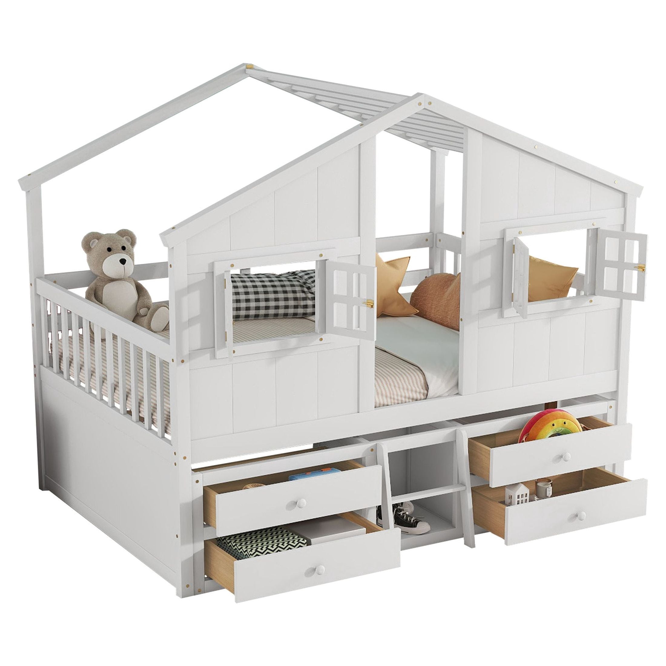 Noble House Full Size House Loft Bed, Pine Wood Frame with Roof, Windows, Ladder, and Storage Drawers, White