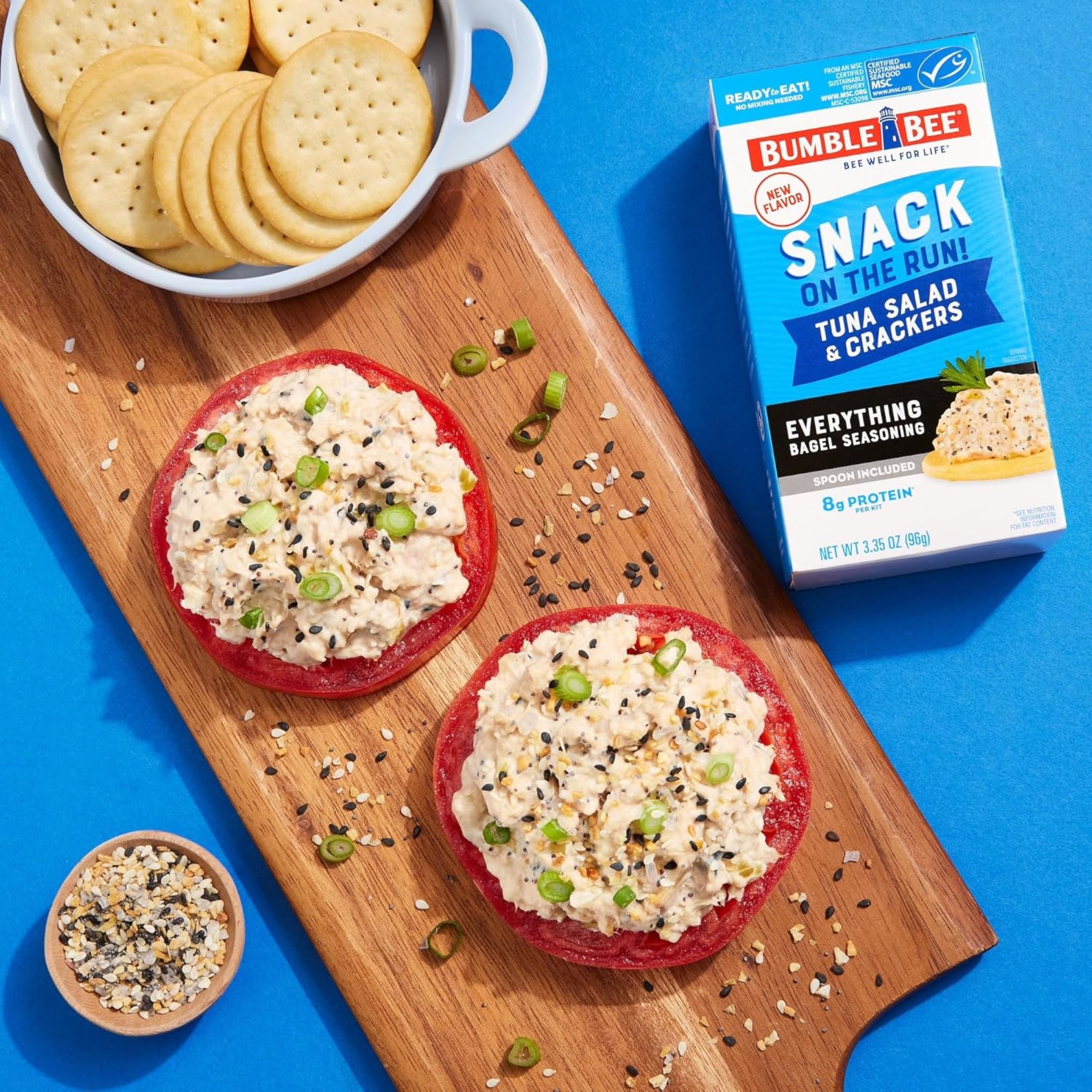 (4 pack) Bumble Bee Snack on The Run Everything Bagel Seasoned Tuna Salad with Crackers Kit, Wild Caught, Ready to Eat, Shelf Stable Box, 3.35oz