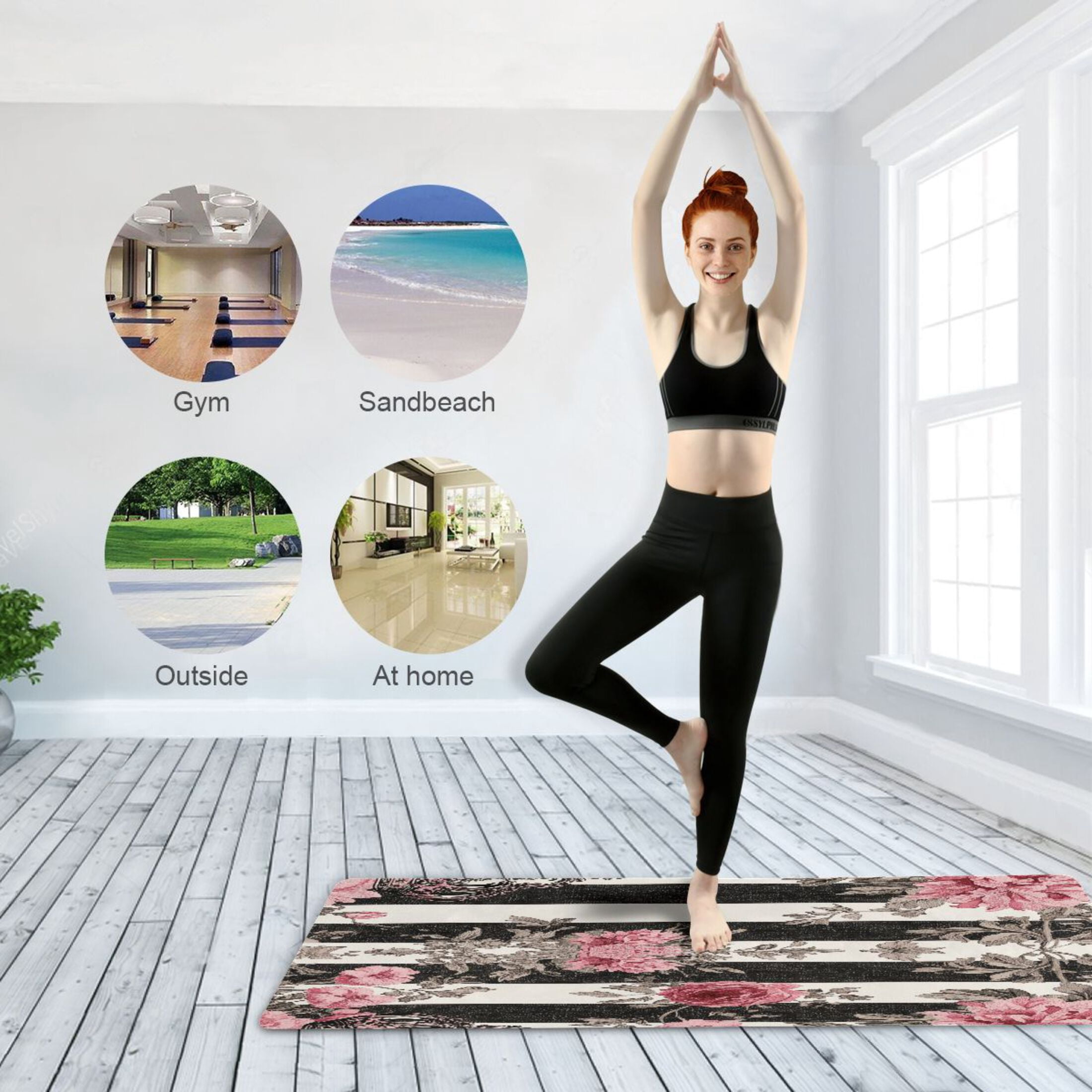 BZSMCE Yoga Mat Women Black White Stripes Pink Roses Fitness Mat