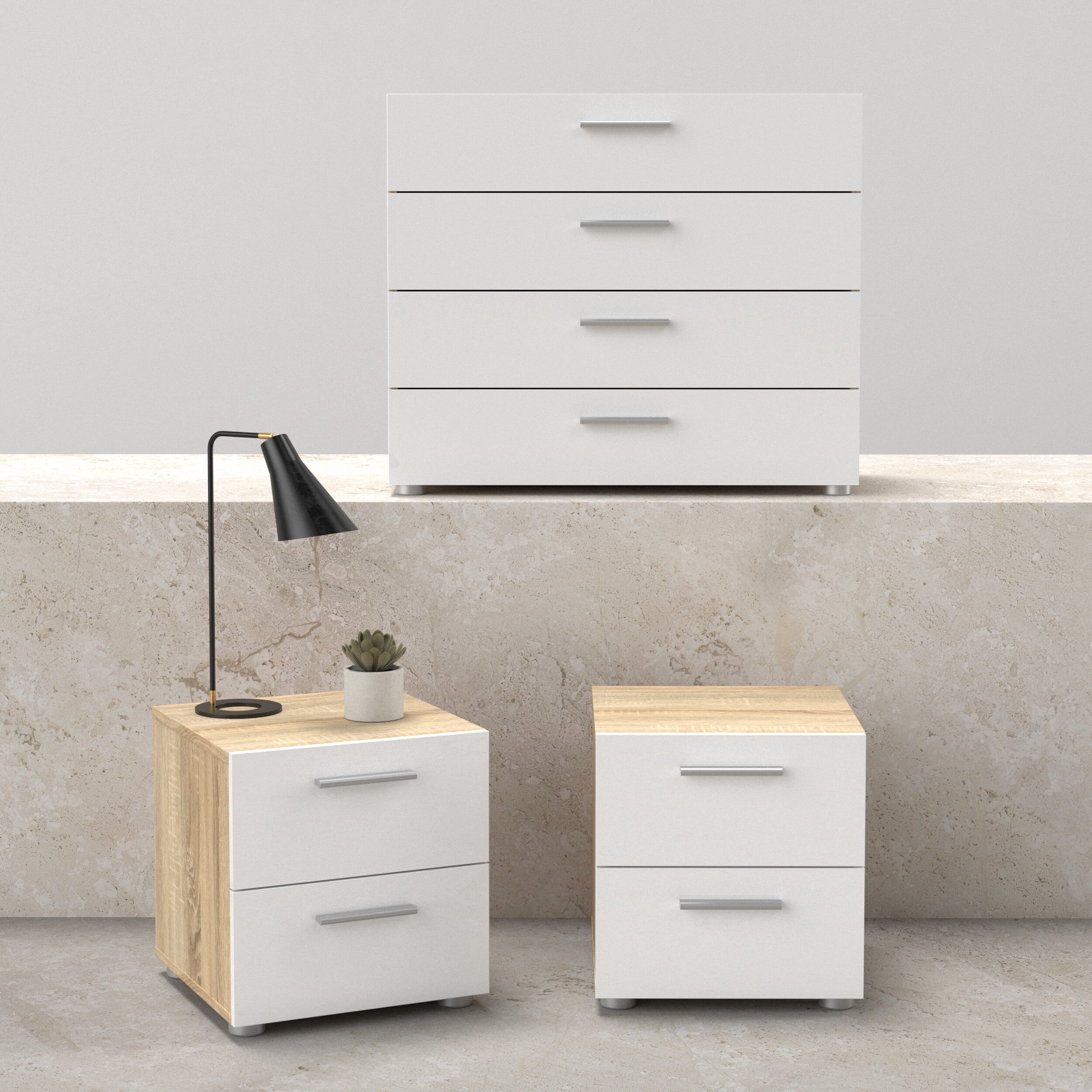 Tvilum Loft 3-Piece Bedroom Set with Chest and Nightstands, Oak/White High Gloss