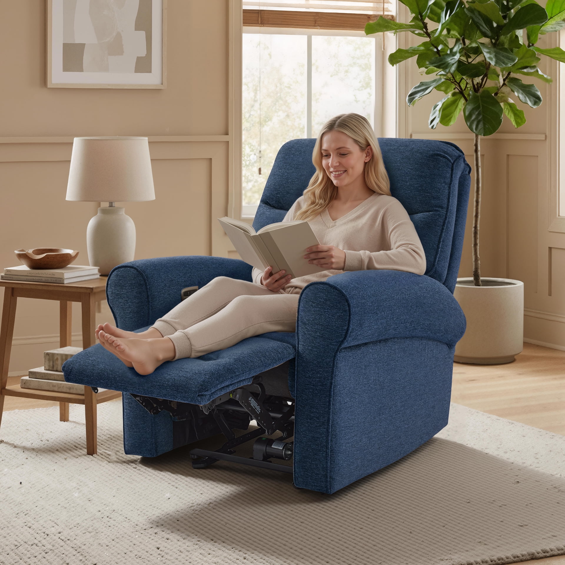 MCombo Small Wall Hugger Power Recliner Chair for Small Space RV Living Room, , Modern Roll Arm Recliner, Fabric, Navy Blue