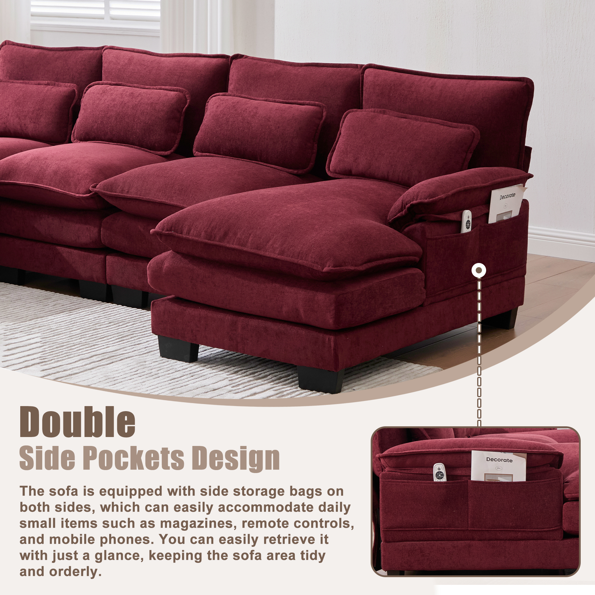 MOONMISS Chenille Upholstered U-Shaped Modular Wood Frame Sleeper Sectional Sofa with Double Chaise-Claret Red