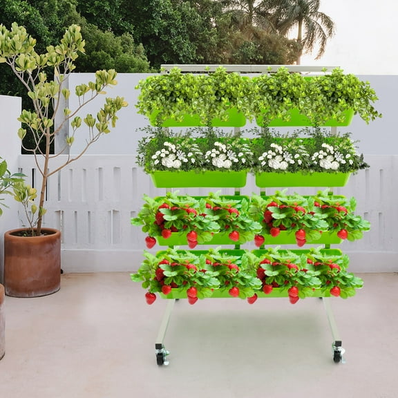 ToppiJoy 4-Tier Freestanding Vertical Raised Garden Bed Vegetable Planter with Lockable Wheels Vertical Garden Planter Outdoor with 8 Buckets, Patio Balcony Garden Bed Holder Light Green