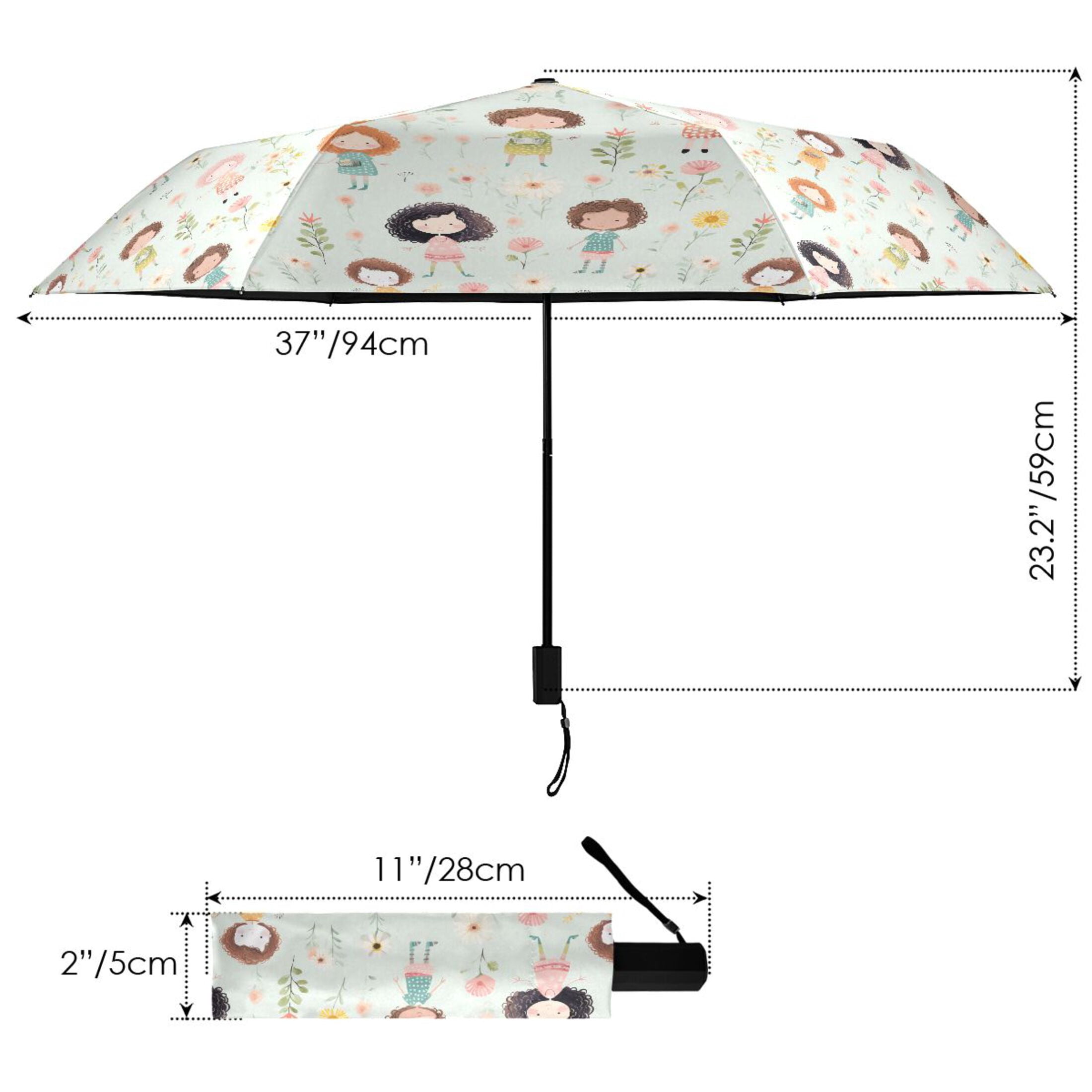 Little Girl and Flower Compact Sun Umbrella Windproof Travel Umbrellas for Rain Strong Portable UV Protection