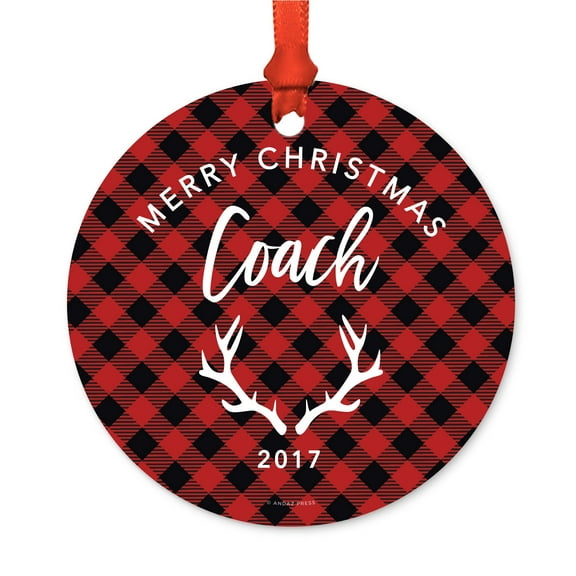 Family Metal Christmas Ornament, Merry Christmas Coach 2017, Red Plaid, Includes Ribbon and Gift Bag