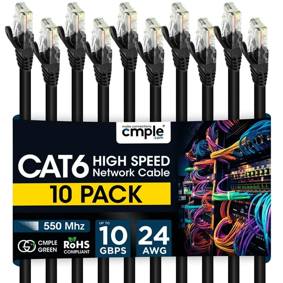 Cmple - 10 Pack Cat6 Ethernet Cable 3 ft Cat 6 Network Cables with RJ45 Connectors 10Gbps Computer LAN Patch Cord Router Internet Wire - Black