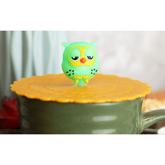 Set Of 4 Yellow Sleepy Owl Reusable Silicone Coffee Tea Cup Cover Lids Air Tight