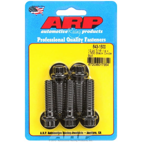 ARP Fasteners 643-1500 Bolt Standard Bolt; 7/16 Inch - 14 Thread Size; 1.500 Inch Under Head Length; 7/16 Inch Socket Size; 12 Point Head Type; Black Oxide; Chrome Moly; 5 Pack