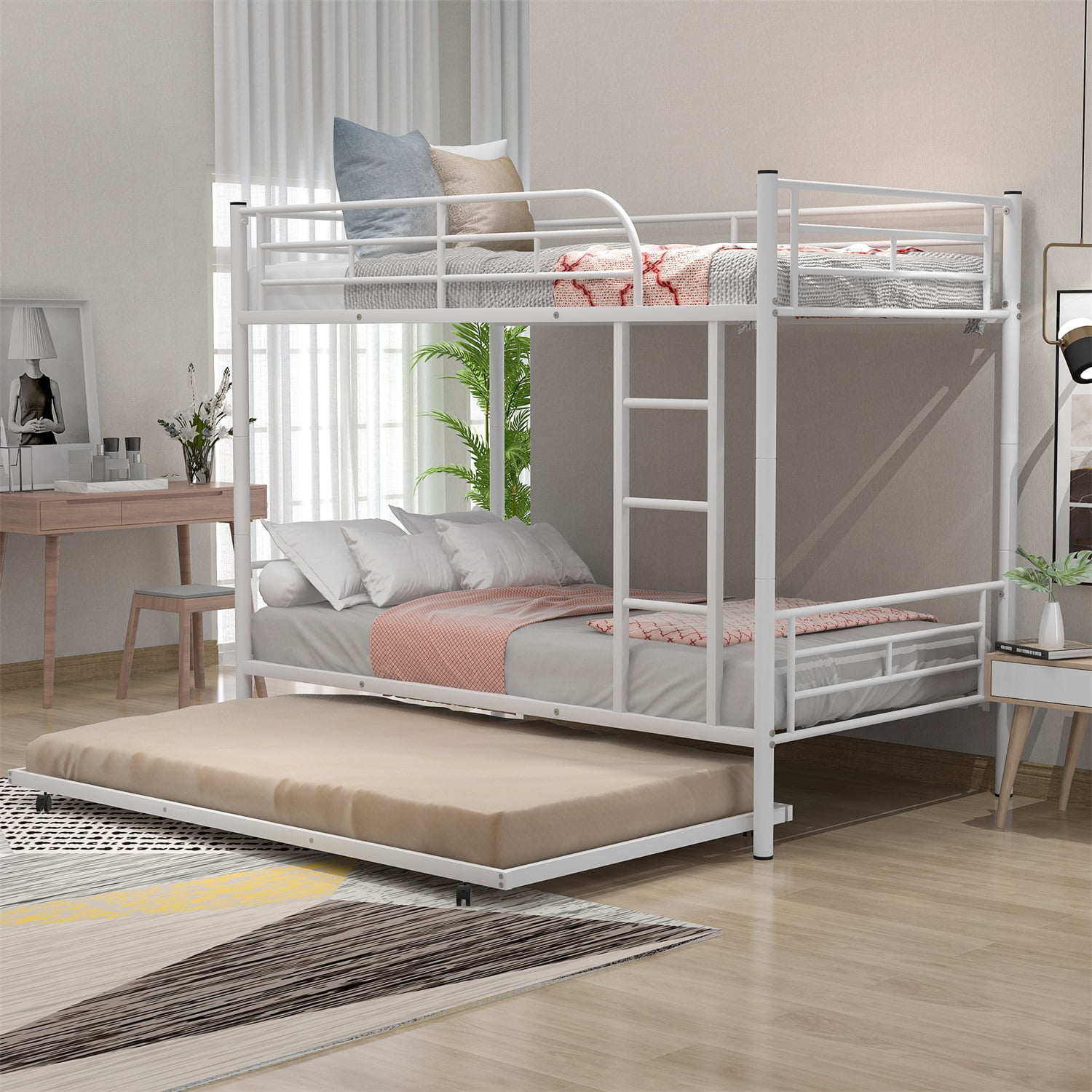 Kadyn Metal Bunk Bed, Twin-Over-Twin Bed with Trundle, Can be Divided into two beds, Modern Bunk Bed Frame for Juniors, White