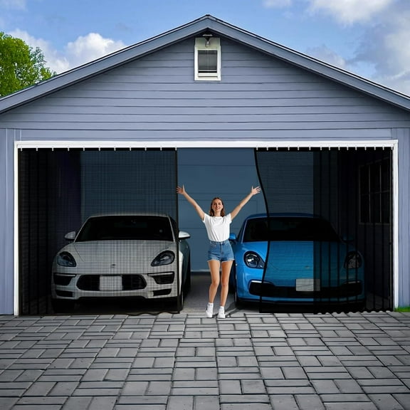 Sliding Garage Door Screen 2 Car with Track Closure,16x7Ft Garage Door Retractable Privacy Curtain Keep Annoying Animals Out Easy Install Heavy Duty Fiberglass Mesh Net for 2 Car Opening Garage