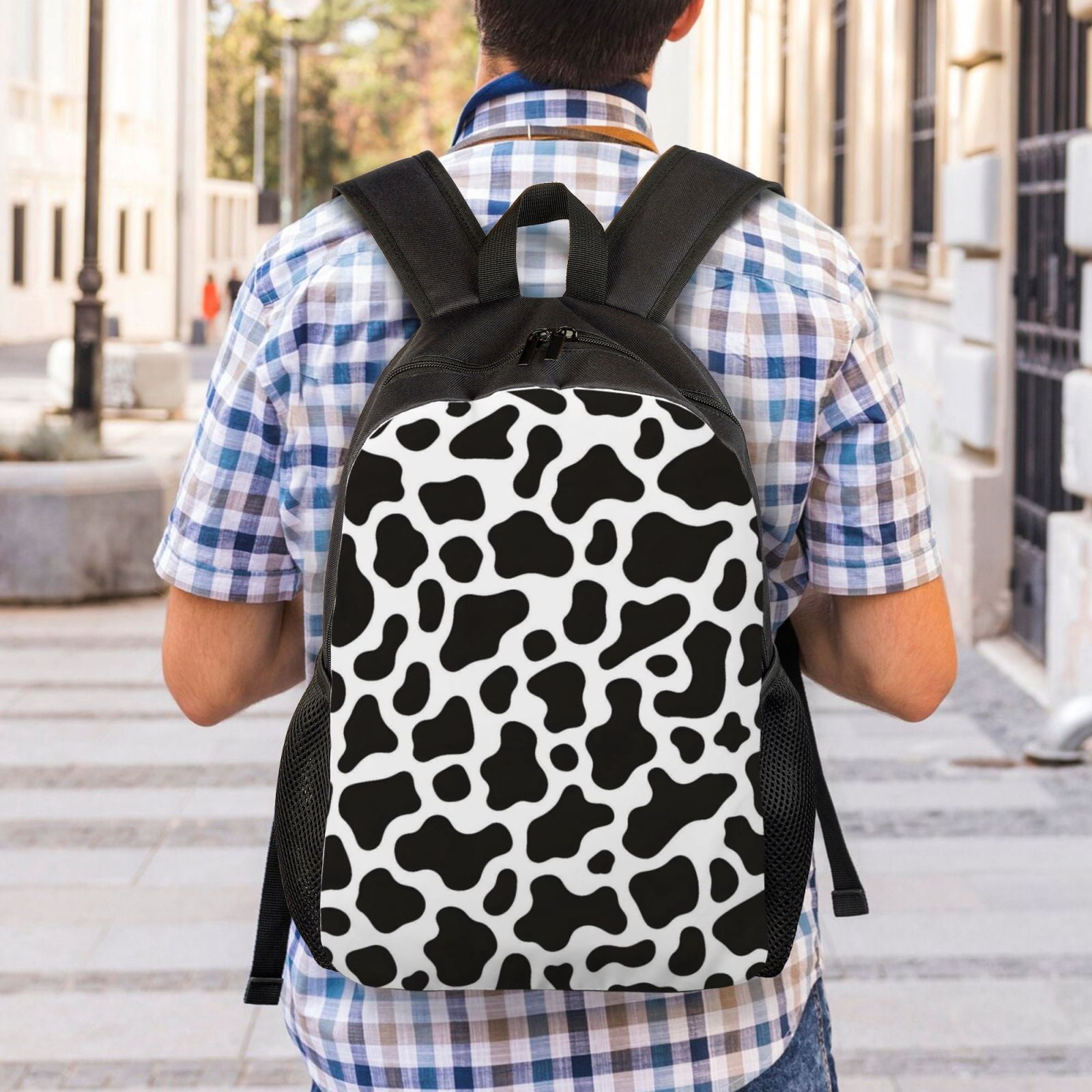 Single Side Full Backpack 16.1×11.8×4.5in Large Capacity Breathable Shoulder Belt Leisure Simple And Strong Bearing Capacity Black White Cow Print