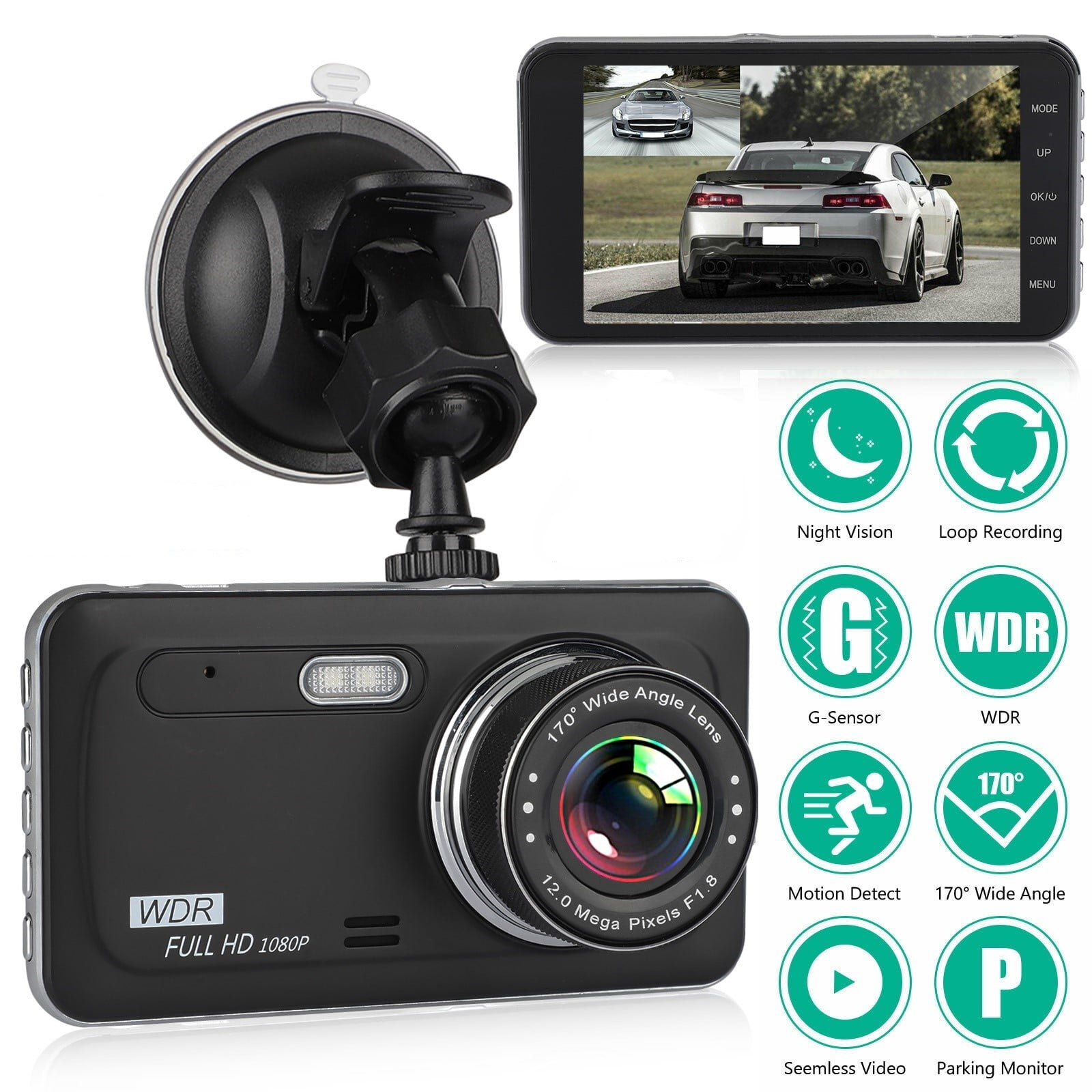 UGI Ultra HD 1080P Driving Recorder 7 inch Touch Screen 170° Wide Angle Anti-Glare Rearview Mirror Dash Cam Parking with Rear View Reversing Camera Superior Night Mode 