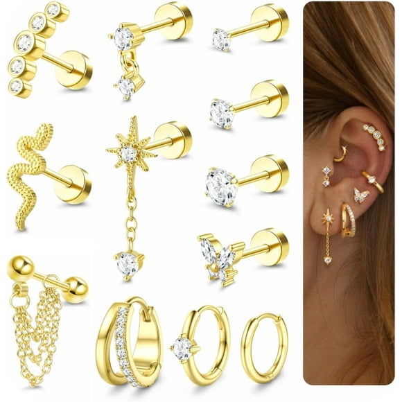 20G Cartilage Earrings for Women Hypoallergenic Surgical Stainless Steel Stud Hoop Cartilage Earring Set 14K Gold Plated Flat Back Earrings Daith Conch Tragus Helix Piercing Jewelry Single