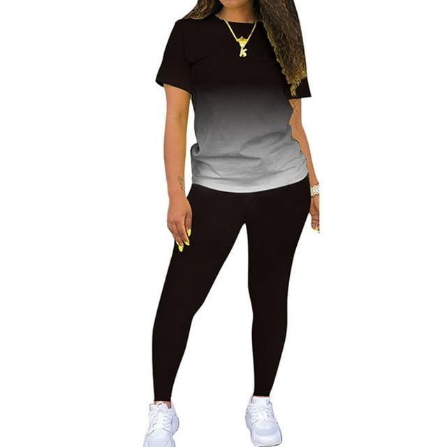 MAWCLOS Women Jogger Set Short Sleeve Sweatsuits Gradient Two Piece Outfit Boho Running Crew Neck Lounge Sets Black 5XL