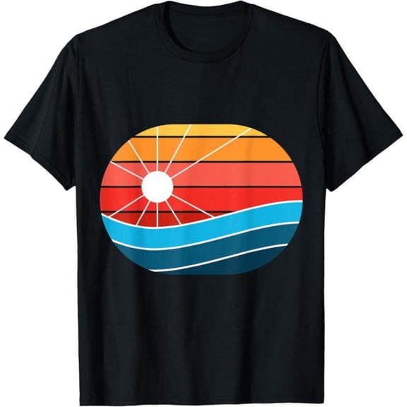 Sunset Waves Graphic Tees, Men's T-Shirt, Vintage Ocean Retro Print Top，Round neck，Fashion，cotton，black，S-5XL