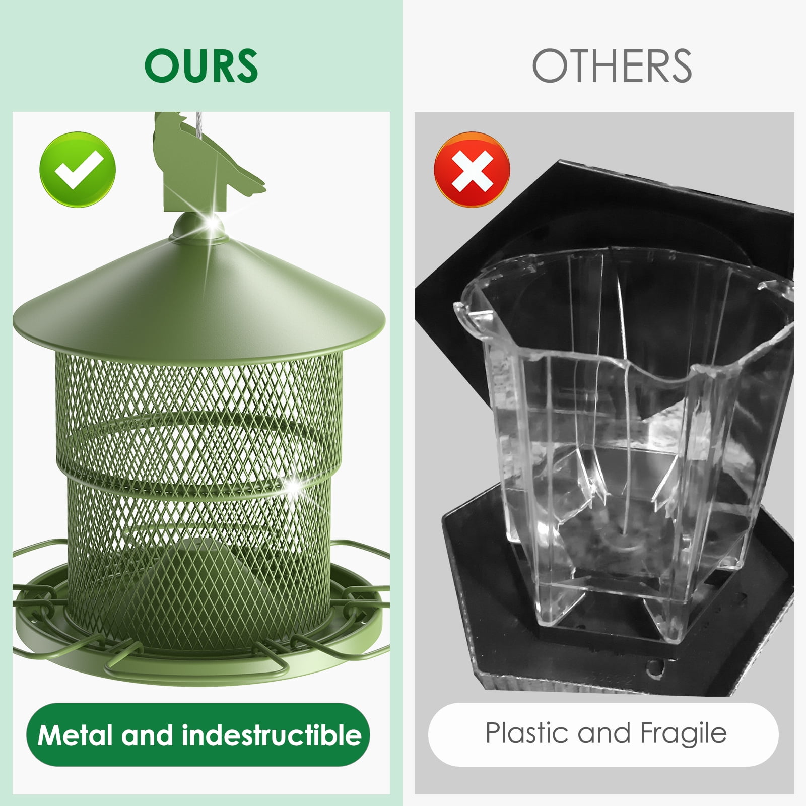 Digipettor Metal Wild Bird Feeder for Outside, Squirrel Proof Bird Feeders, Retractable 4LB Capacity Large Seed Birdfeeder for Outdoors Hanging Garden Yard, Green