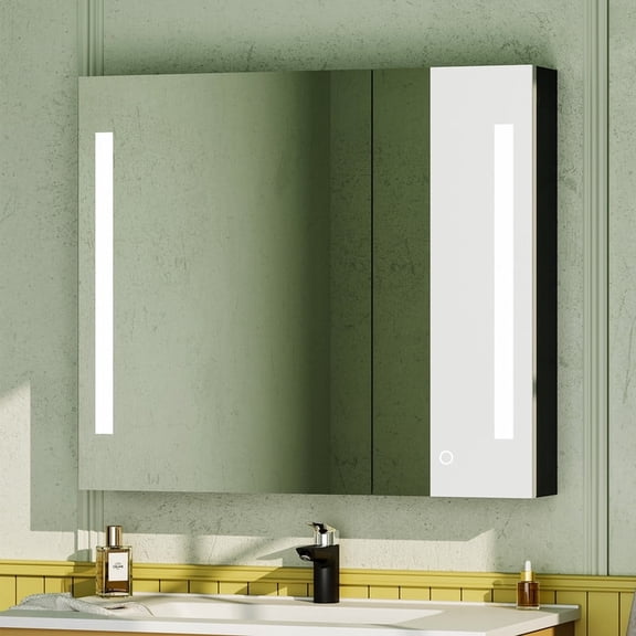 SUNRINX LED Bathroom Medicine Cabinet Mirror 30 in. W x 26 in. H, Black Metal Framed Mirror Cabinet with Defogger, Dimmable Lights and Storage