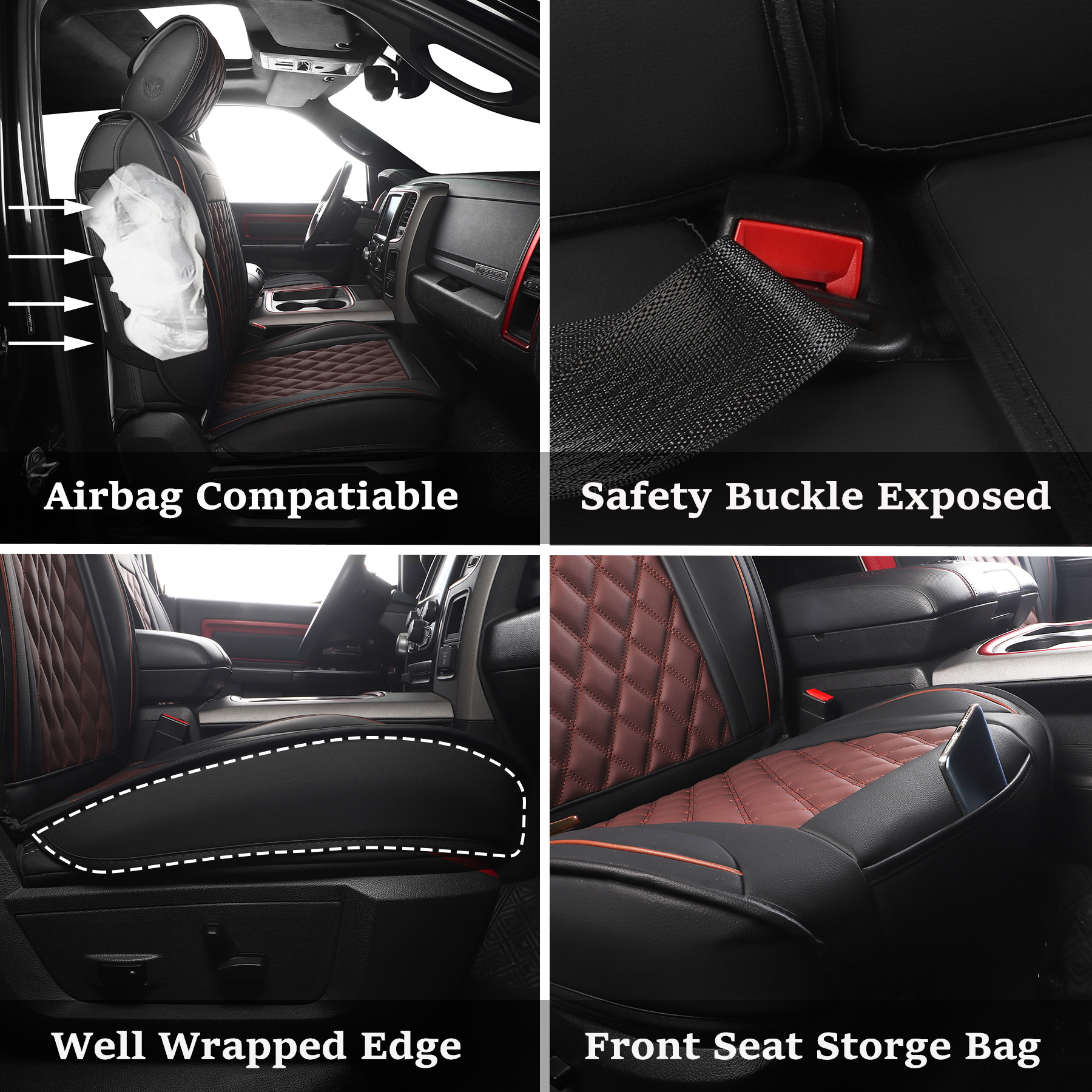 JOJOBAY Car Seat Covers for Dodge Ram,Fit 2009-2026 1500/2500/3500 HD Pick-up Truck,Crew,Regular,Quad,Mega Cab,Waterproof Synthetic Leather Seat Covers(2PCS-Front,Black-Brown)