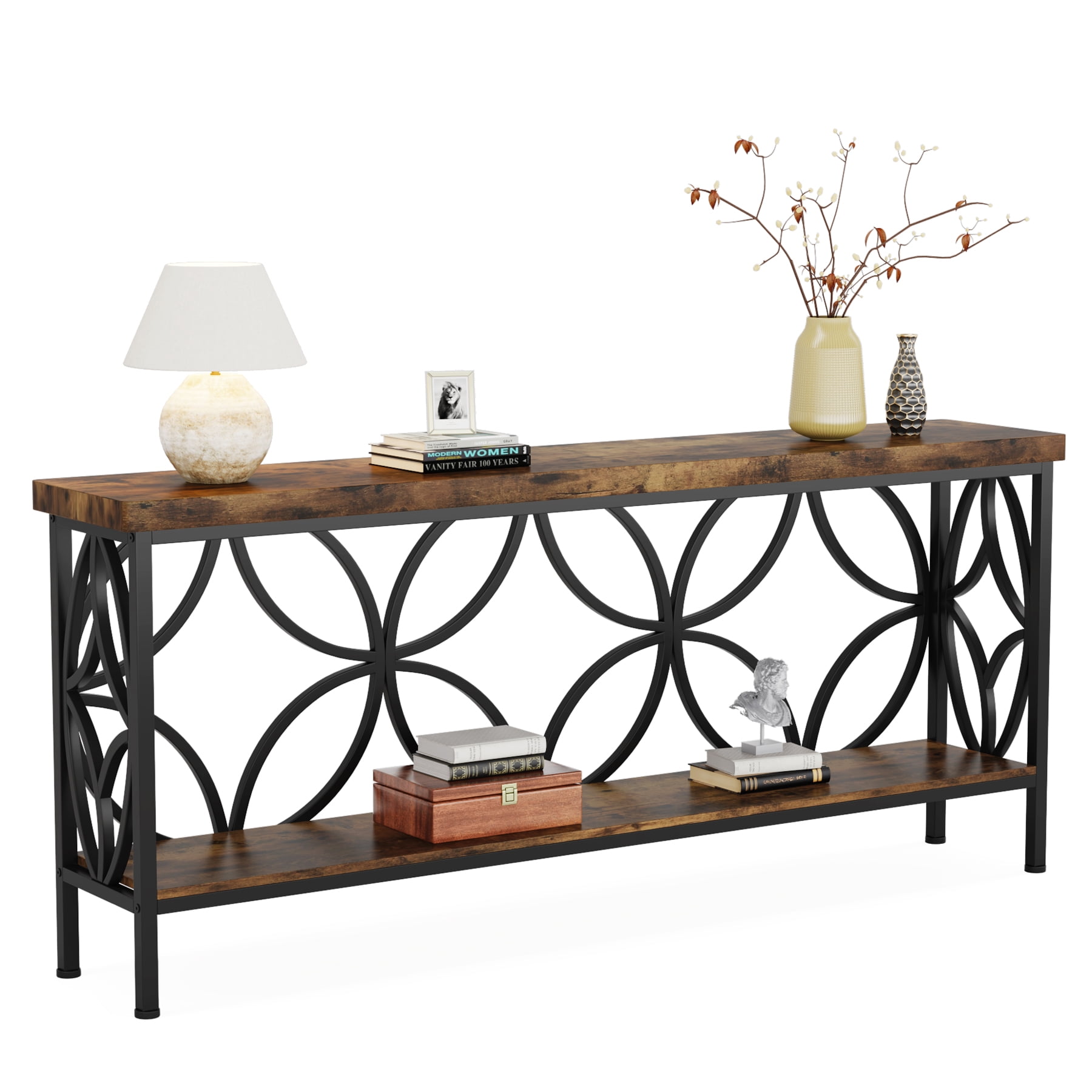 Fnova 70.9" Industrial Console Table, 2-Tier Wood Storage Narrow Sofa Table, Behind Couch with Metal Frame, for Living Room, Entryway, Foyer, Easy Assembly