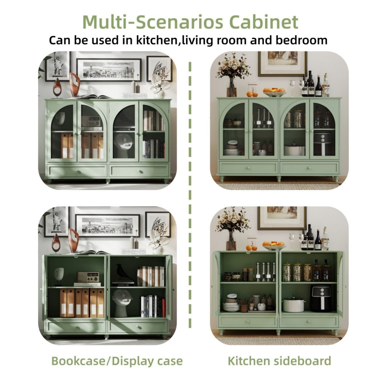Green Arched Glass Sideboard Cabinet, Buffet Storage Cabinet with 4 Glass Doors & 2 Drawers, Adjustable Shelf Credenza for Kitchen Dining Room Living Room