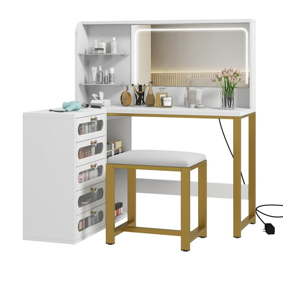 Makeup Vanity with Lighted Mirror, Modern Vanity Table Set with Stool, L Shaped Vanity Table Dressing Table with 5 Drawer for Bedroom, White