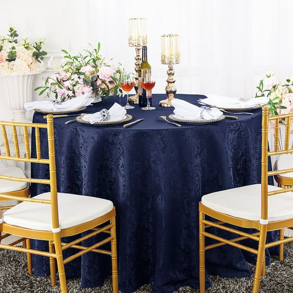 Wedding Linens Inc. 120" Seamless Round Jacquard Damask Polyester Tablecloths - Navy Blue