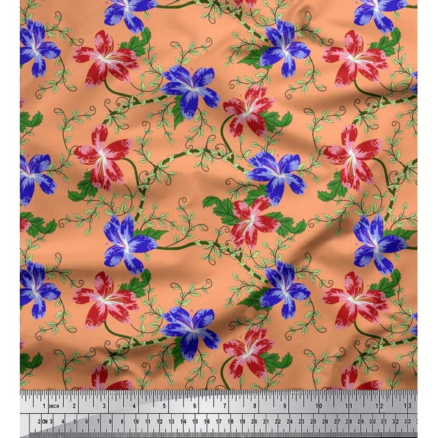 Soimoi Cotton Poplin Fabric Leaves & Azalea Floral Decor Fabric Printed Yard 42 Inch Wide
