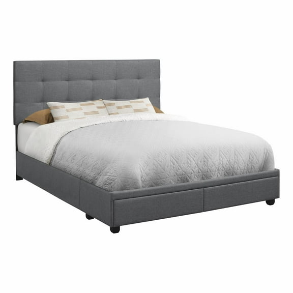 Monarch Specialties Bed, Queen Size, Platform, Bedroom, Frame, Upholstered, Linen Look, Wood Legs