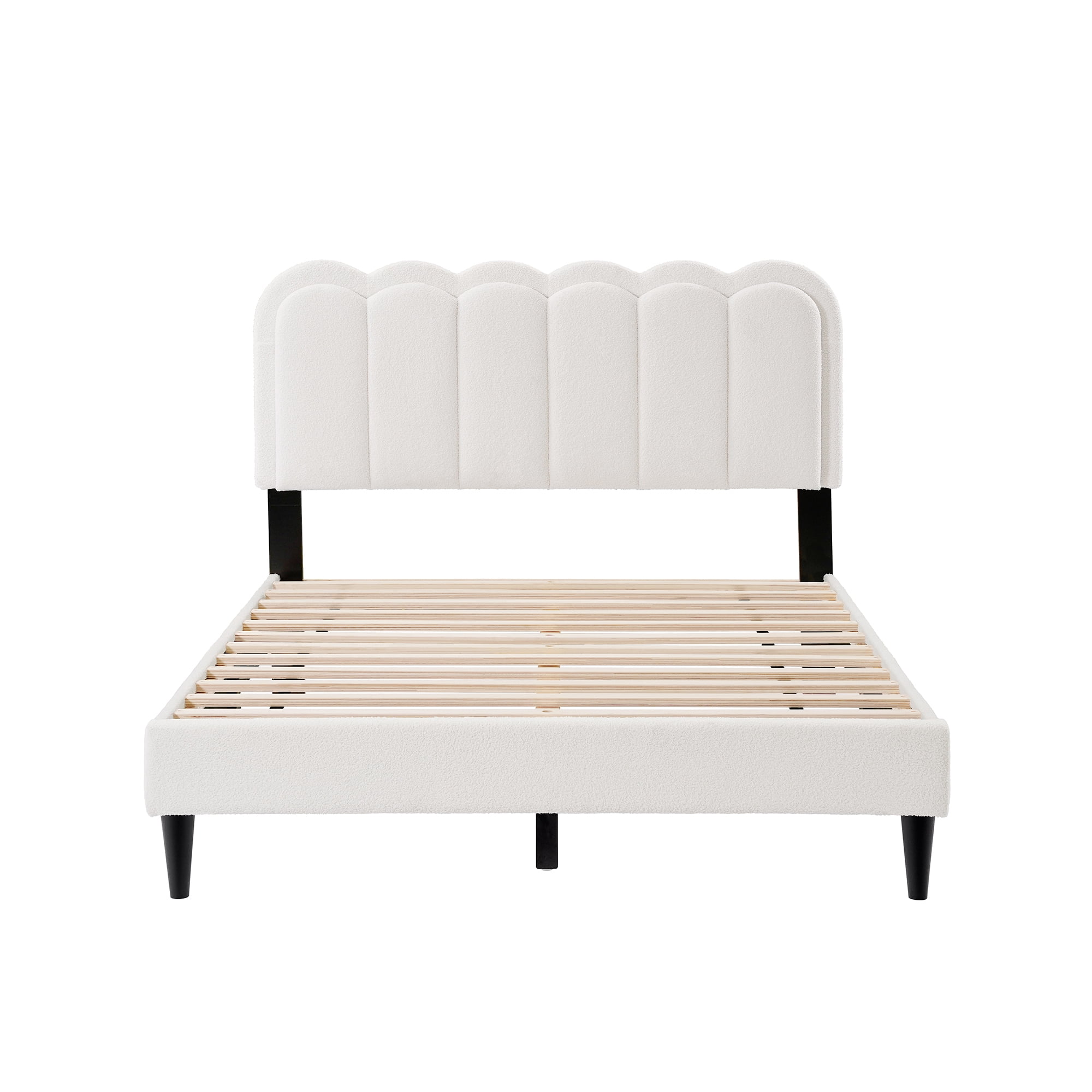 Mintazer Full Size Upholstered Platform Bed Frame with Scalloped Tufted Headboard and LED Light, Boucle Bed for Bedroom, No Box Spring Needed, White