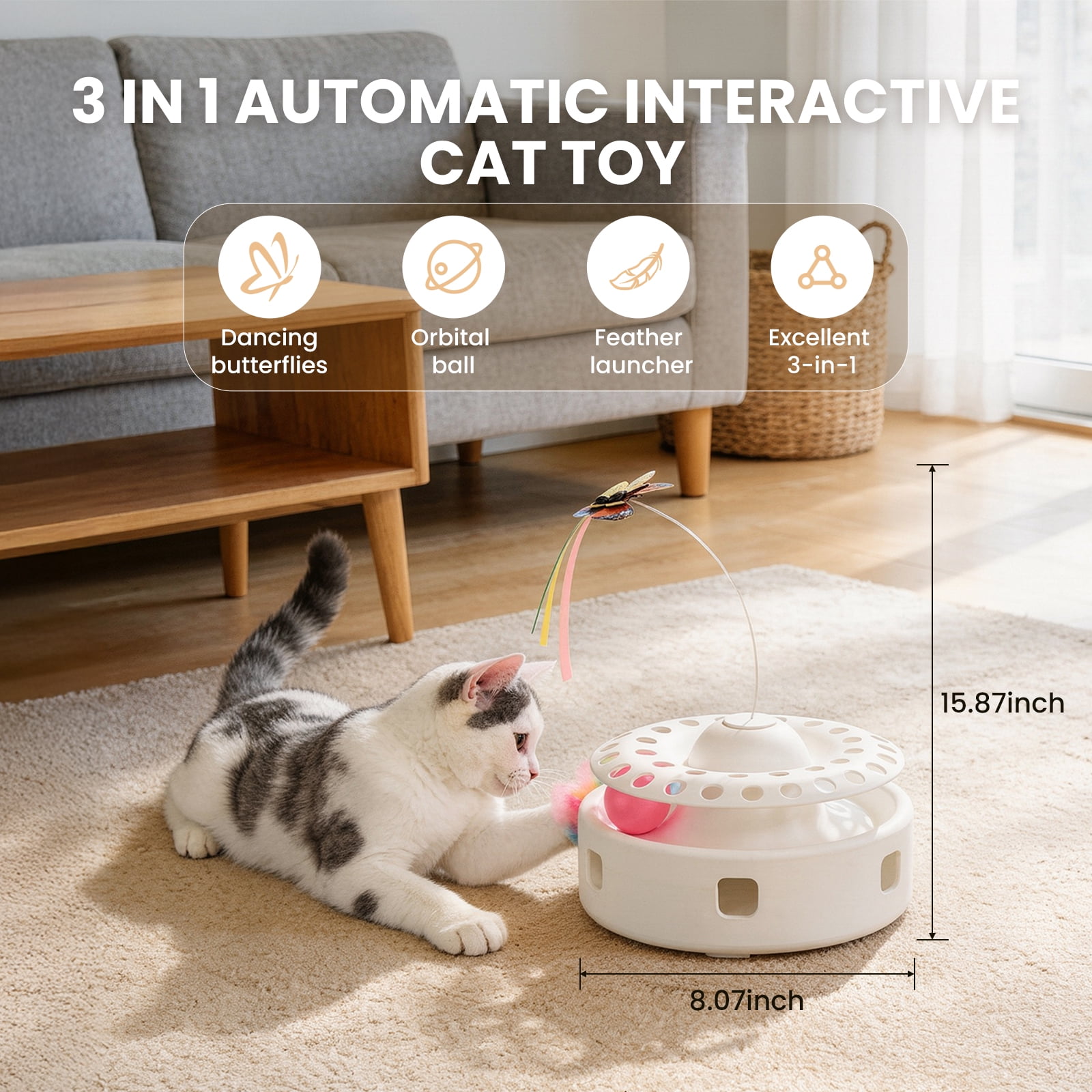 3 in 1 Automatic Interactive Cat Toys,Kitten Toy With Fluttering Butterfly, Moving Feather, Track Balls, Dual Power Supplies, USB Powered (White)