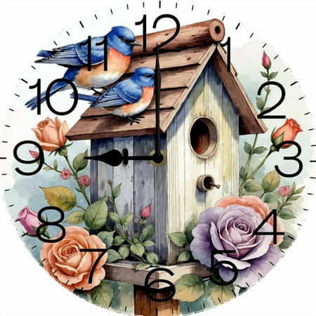 Eveokoki Wood Wall Clock,Watercolor Birdhouse Kitchen Decor and Accessories, Decorative Battery Operated Clocks for Living Room Bedroom Bathroom Farmhouse, 10 Inch
