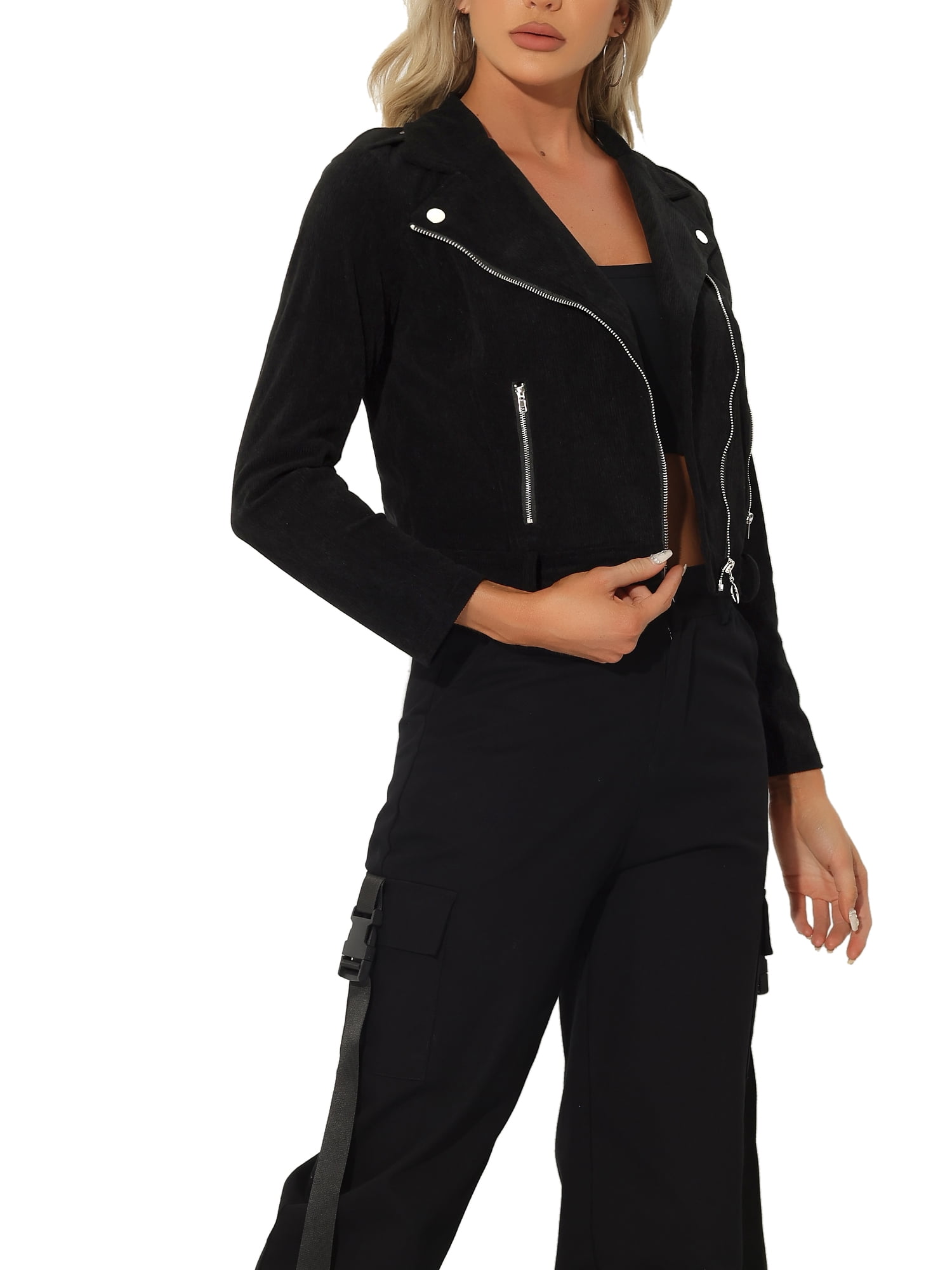 Unique Bargains Women's Corduroy Notched Lapel Zip Up Motorcycle Jacket M Black