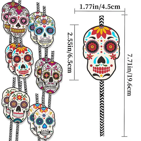 Day Of The Dead - Paper Straw Decor - Halloween Sugar Skull Party Striped Decorative Straws - Set Of 12/24