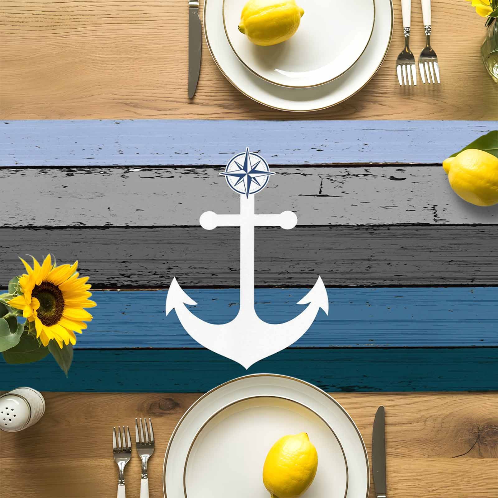 Nautical Anchor Ocean Theme Table Runner 90 Inches Long, Farm Blue Wood Board Table Runners Tabletop Scarf Kitchen Dining Tables Decoration for Home Party Indoor Outdoor