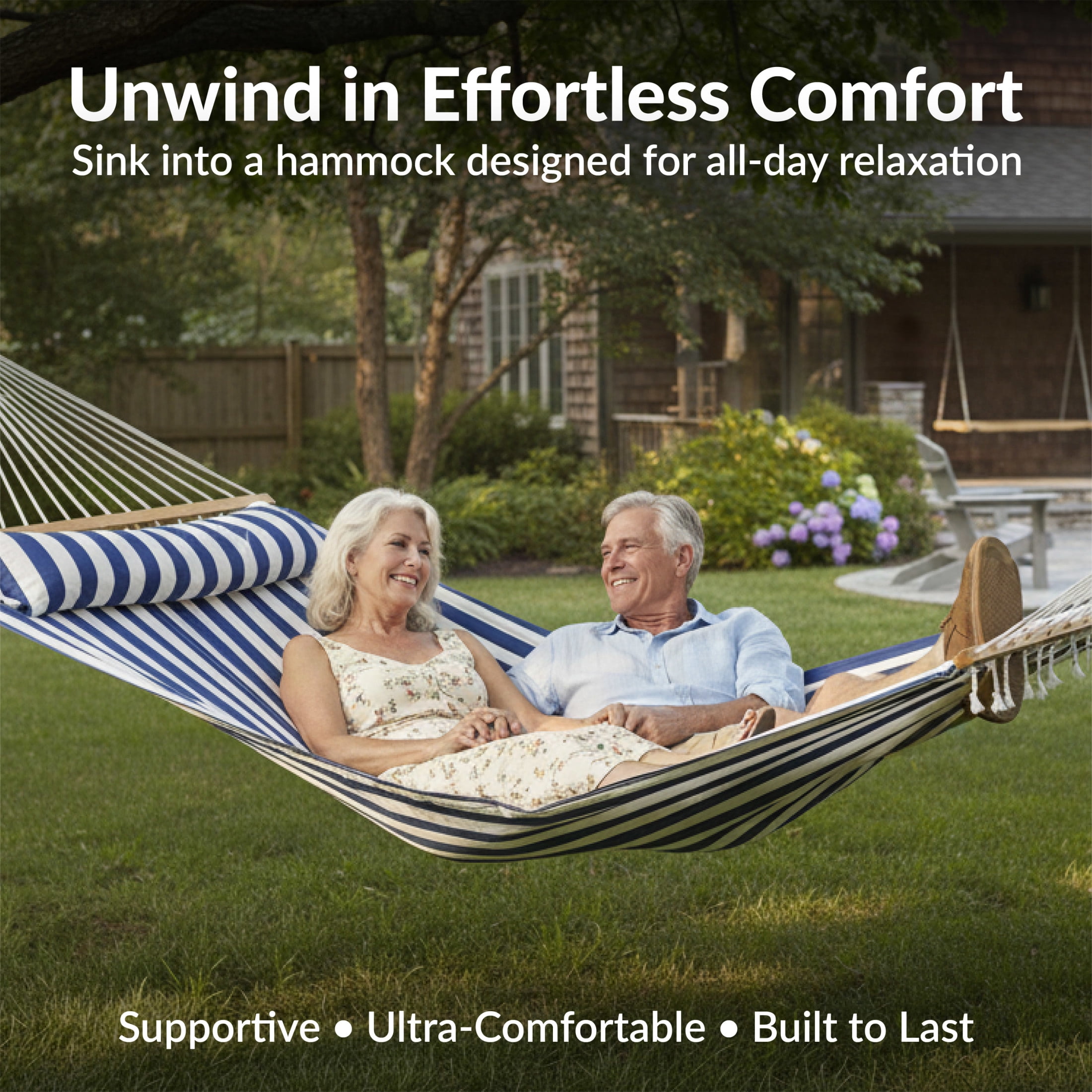 Sunnydaze 2-Person Quilted Polyester Spreader Bar Hammock, 450 lb - Blue/White Stripe