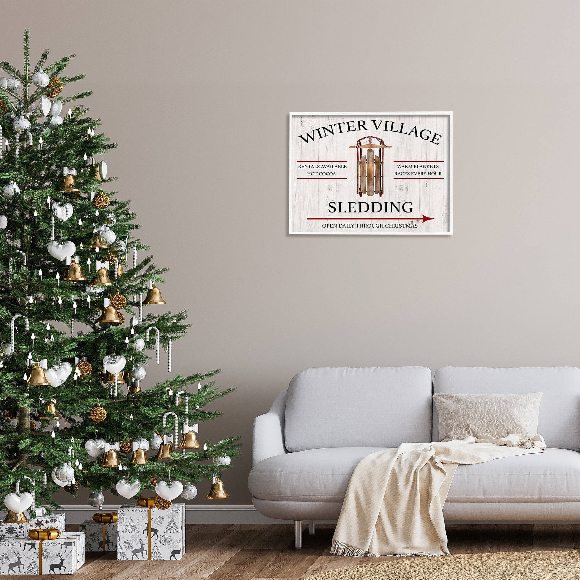 Stupell Industries Winter Village Sledding Holiday Painting White Framed Art Print Wall Art, 30 x 24