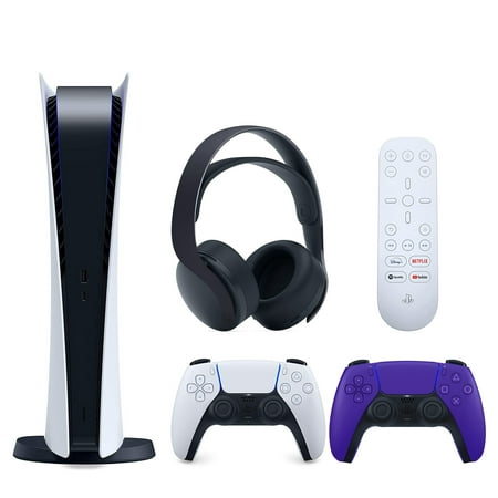 Sony Playstation 5 Digital Version (Sony PS5 Digital) with Extra Galactic Purple Controller, Black PULSE 3D Headset and Media Remote Bundle