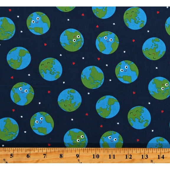 Cotton Planet Earth Globes World Planets Hearts Stars Rainbow Garden Blue Cotton Fabric Print by the Yard (35361-18)